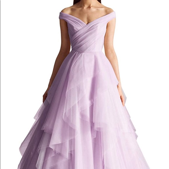 Lavender, off the shoulder dress with a lace-up back & tiered tulle. Worn once. - Picture 6 of 8
